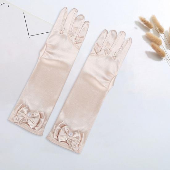 1 Pair Children Performance Gloves Faux Pearl Bow Decor Solid Color Full Fingers Satin Flower Girls Gloves Princess Style Cosplay Gloves