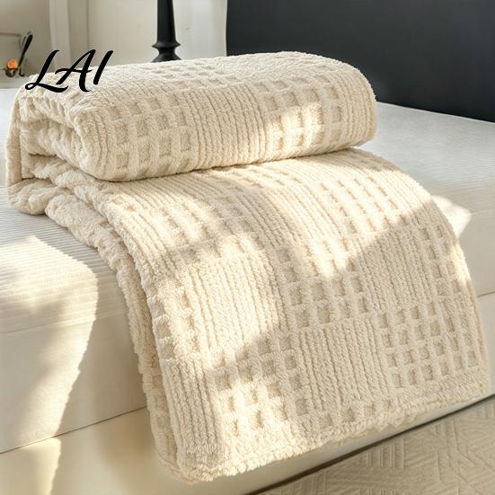 Decorative Textured Throw 3D Waffle Checkered Blanket Solid Color Milk Fleece Plush Lightweight Warm Soft Cozy Cover for Couch Bed Office Naps