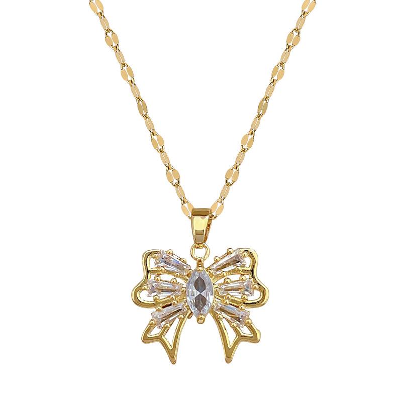 Empty Bow Light Luxury Temperament Gorgeous Full Diamond Necklace Women'S Versatile Collarbone Chain Titanium Steel Chain