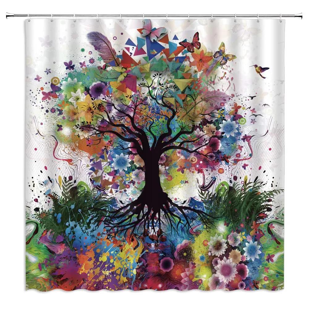 

Colourful Tree Shower Curtain Spring Fantastic Fairy Forest Flower Butterfly Pastoral Branch Shower Curtains For Bathroom Decor W60H190(CM)-1 Pcs