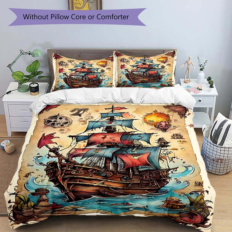 3pcs Pirate Ship Adventure Bedding Set - Includes One Quilt Cover and Two Pillowcases (No Core) - Perfect for Home Decor, Festive Gifts, Polyester Fab