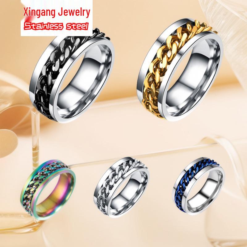 Stainless Steel Roman Numeral Rotating Ring - Titanium Chain Band