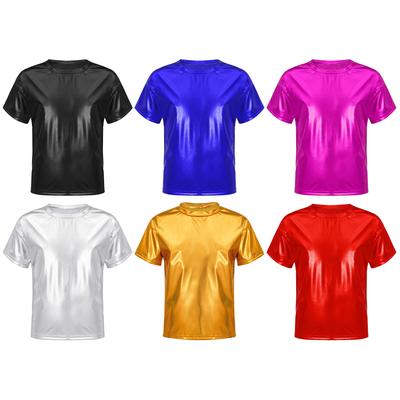 Crianças Meninos Meninas Brilhantes Metálico Manga Curta Camisetas Dança Performance Tops Festa Brilhante Roupas