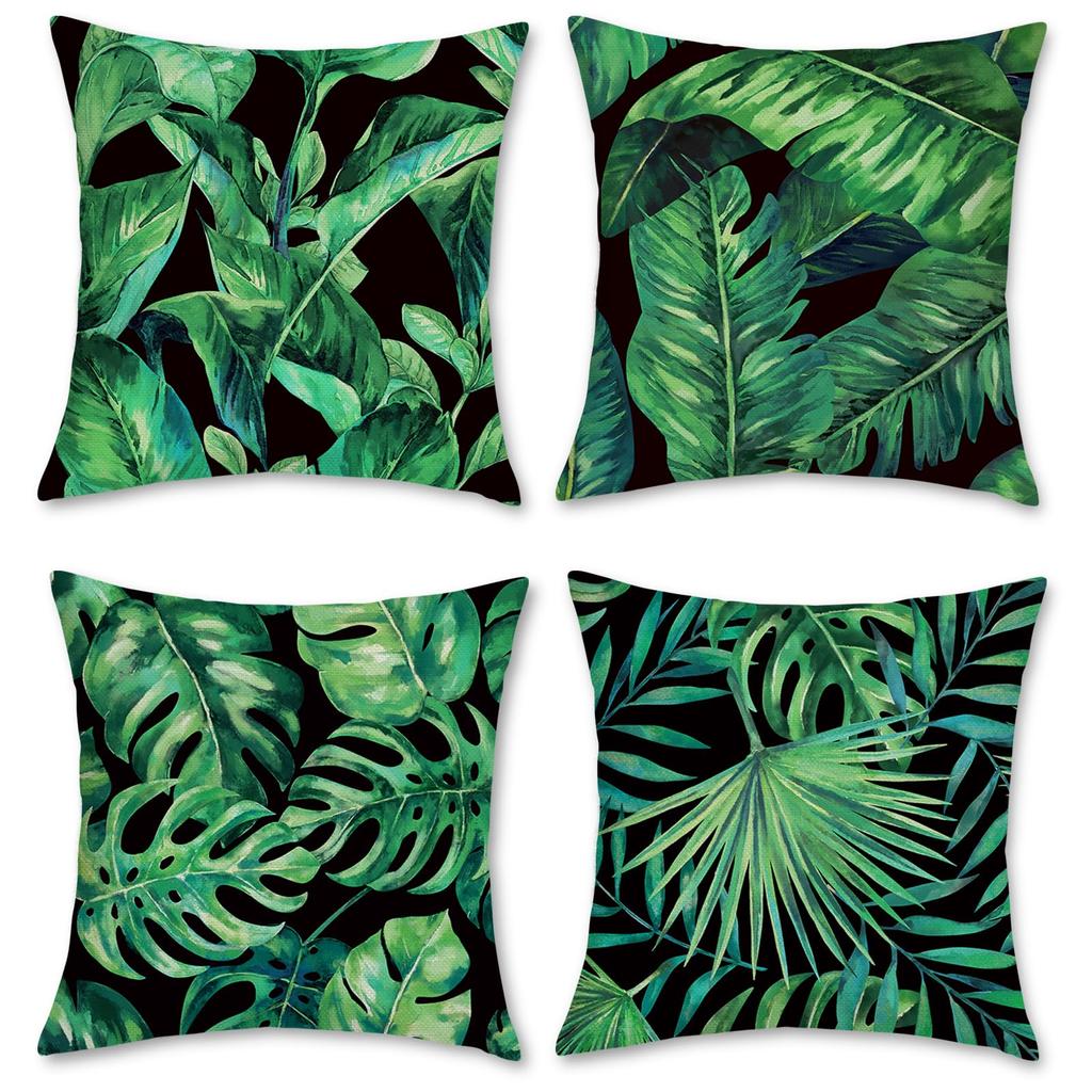 4Pcs Tropical Leaf Cushion Covers, Vibrant Green Monstera & Palm Print Pillow Cases For Sofa Bedroom Living Room 45X45Cm