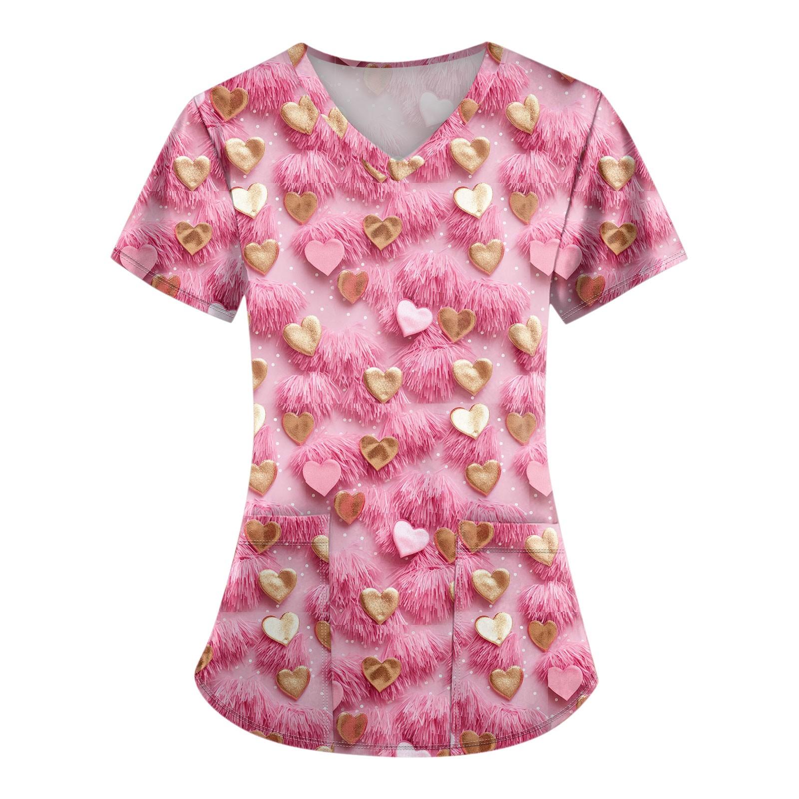 

Женские модные топы с короткими рукавами и V-образным вырезом с принтом, рабочие футболки с карманами L горячий розовый