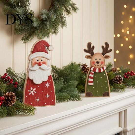 Santa Claus Elk Snowman Figurines Wooden Christmas Tabletop Decor, Reindeer Figurine, Rustic Hand Painted Wood Decorations Holiday Shelf Sitter