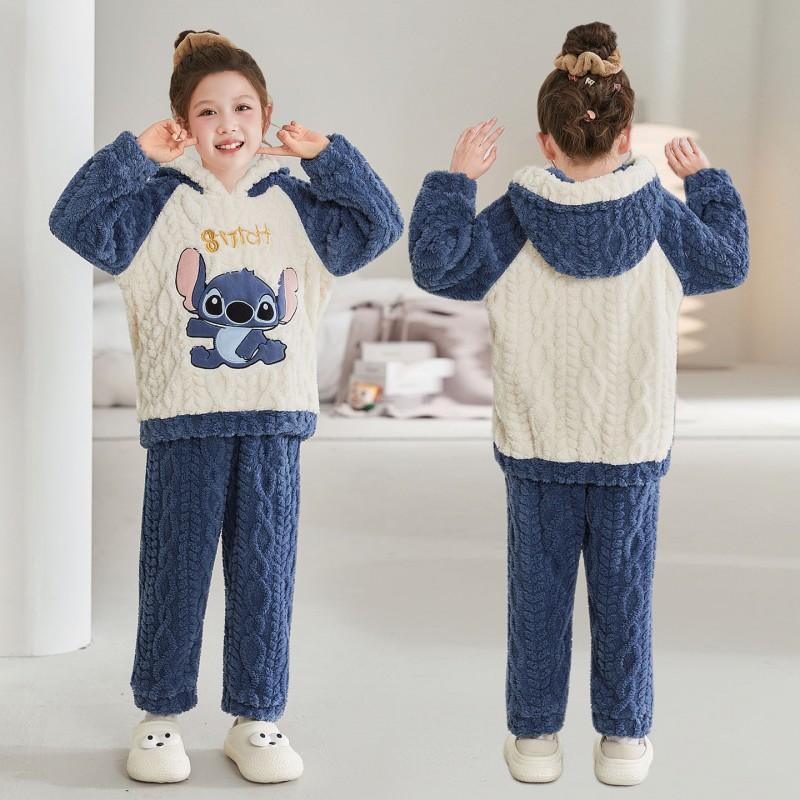 Girls Coral Fleece Pajama Set With Hooded Cartoon Character Design Winter Warm Sleepwear Kids 8 Years