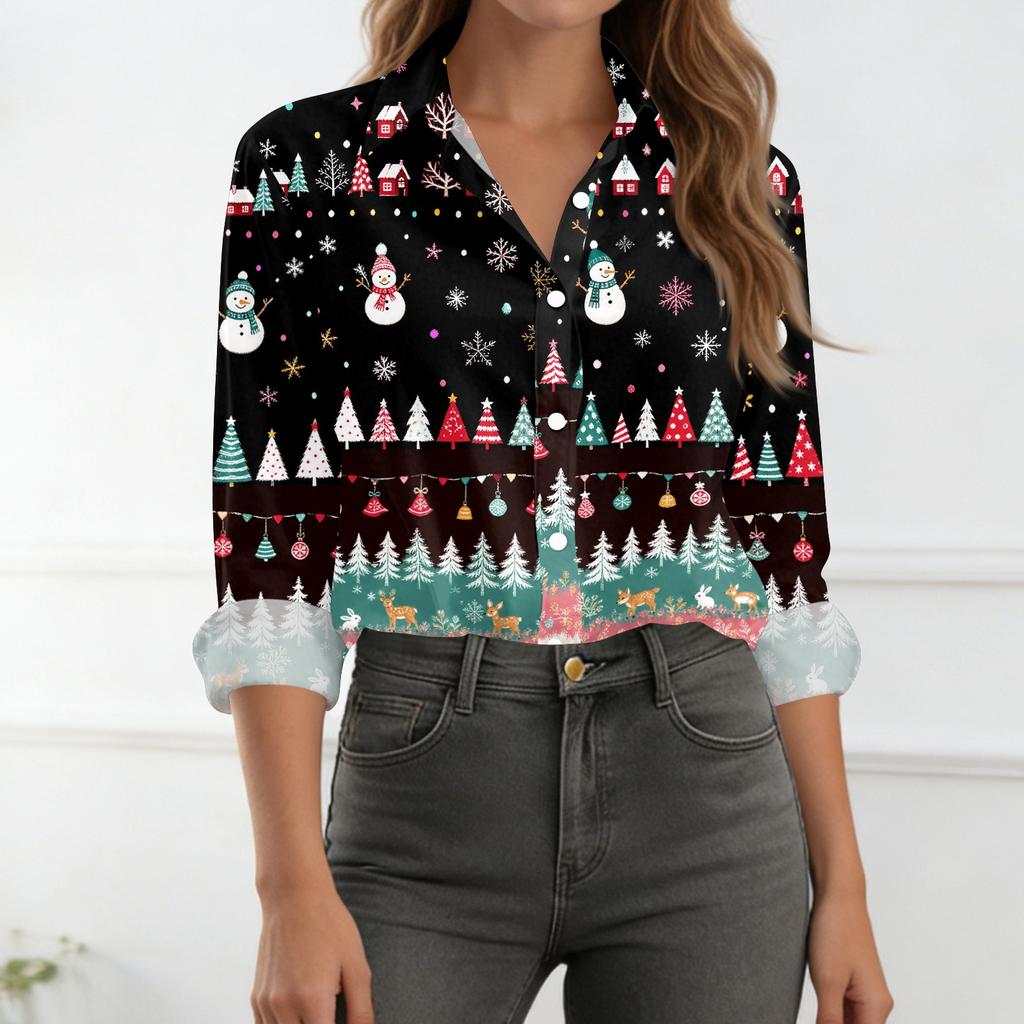 Women's Casual Christmas Print Long Sleeve Button Down Shirt with Fit