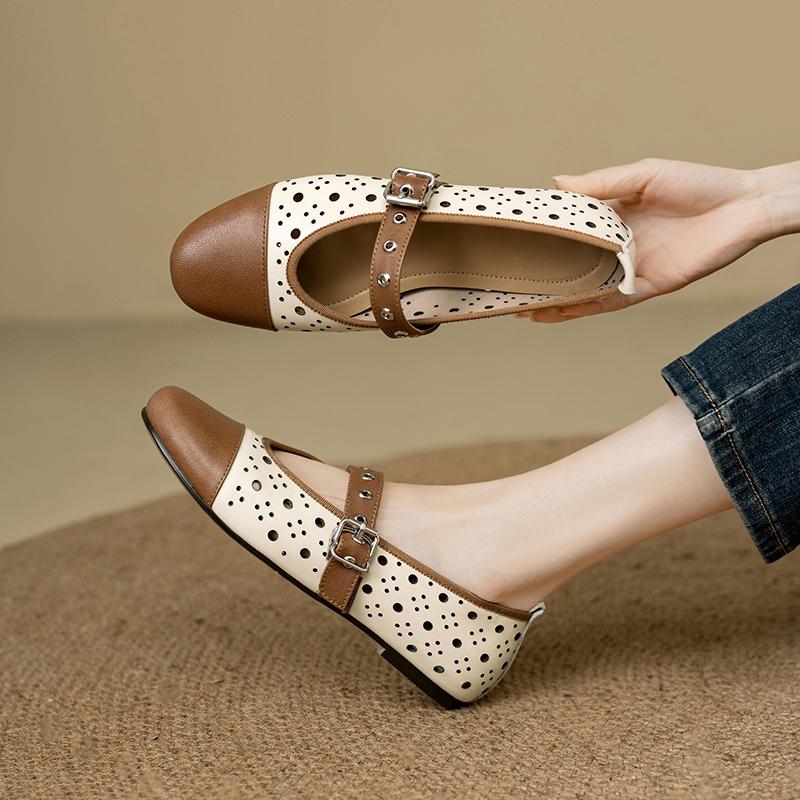 Fashion Women's new spring round toe retro low heel leather cowhide oversized hollow rivets Mary Jane breathable single shoe