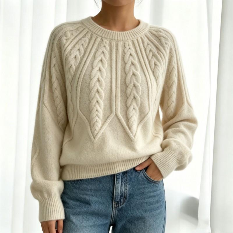 Womens Crew Neck Knit Sweater Long Sleeve Twist Solid Color Fall Winter Versatile Top