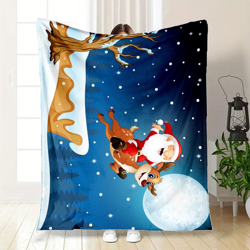 Christmas Santa Claus and Deer Flying In Moon Night Wall Sticker Home DecorBlanket Flannel Throw Blanket for Sofa, Bed, Travel, Camping, Off