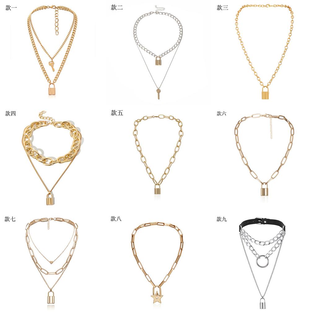 Double Alloy Chain Double Necklace, Simple Concentric Lock Key Element Pendant Necklace Female