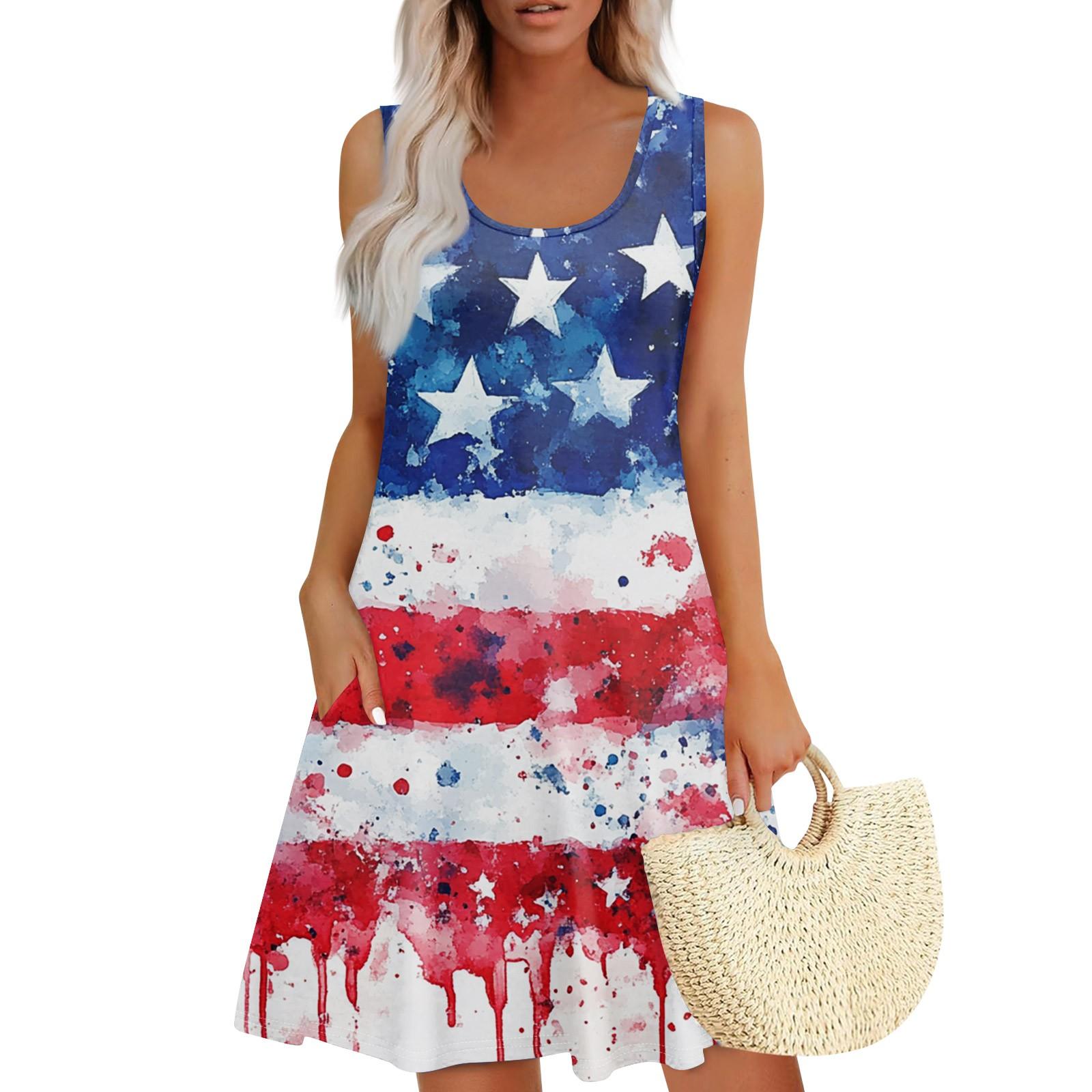 Women s Sleeveless Flag Dress Casual Patriotic Summer Sundress with Pockets for Independence Day S