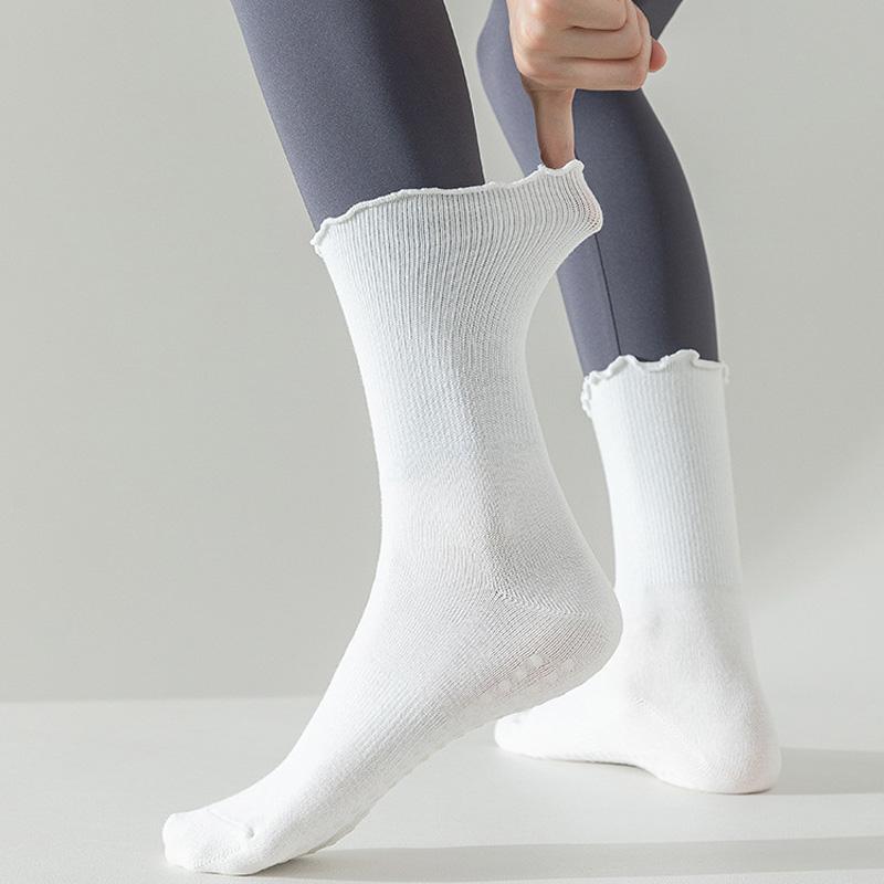 3 Pairs Solid Yoga Socks for Women Cotton Breathable Mid-calf Yoga Socks Pliates Sport Fitness Non-slip Grip Floor Socks Ruffle
