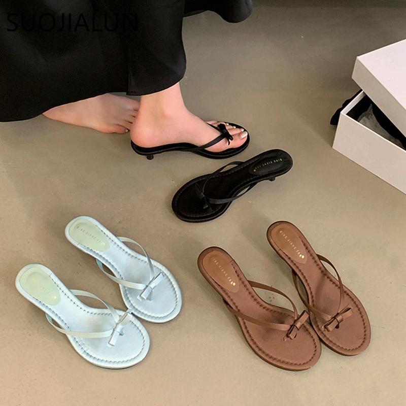 Fashion SUOJIALUN 2025 Summer New Brand Women Slipper Fashion Narrow Band Slip On Ladies Elegant Slides Med Thin Heel Dress Sandal
