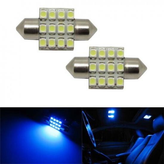 (2) Blue 12-SMD LED Bulbs For Car Interior Dome Lights 1.25  31mm DE3175 DE3022