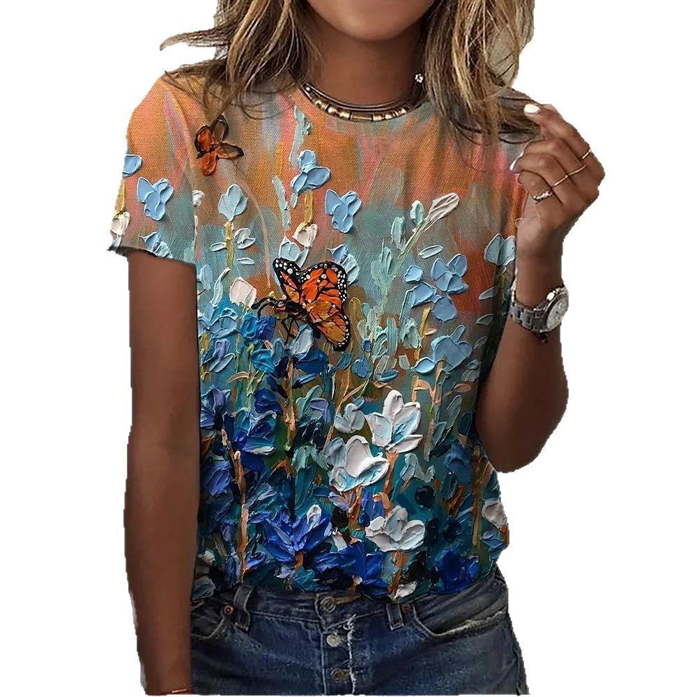Letnie T-shirty damskie z krótkim rękawem, modne, casualowe, z nadrukiem 3D motyli i kwiatów z okrągłym dekoltem