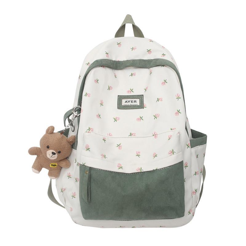 Fashionable Color Blocked Flower Pattern Letter Decor Student Casual Backpack