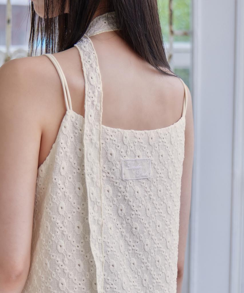 Leondeondada Embossed Lace Tie Dress, Cream