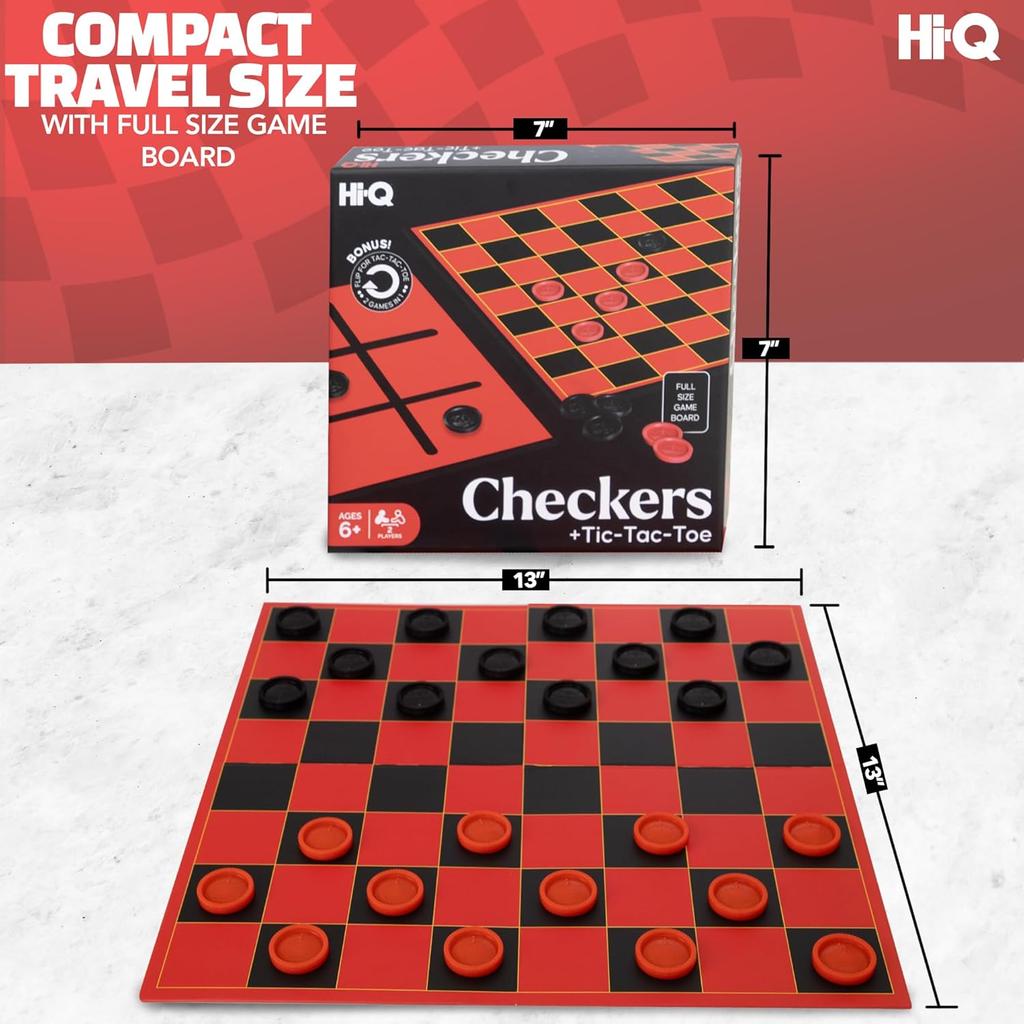 HI-Q Checkers & Tic-Tac-Toe Game for Kids: Interlocking Pieces, Foldable Board