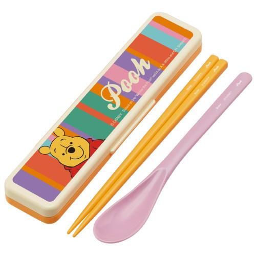 Skater Chopsticks and Spoon Combo Set, 18cm, Antibacterial, Bento Box, Adult Size, Silent Silicone Cushion, Made In Japan, Disney Retro Winnie the Poo