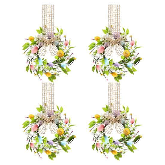Small Easter Egg Wreath for Front Door Artificial Spring Colorful Eggs Wreath Farmhouse Hanging Kitchen Cabinet Wreath with Ribbon