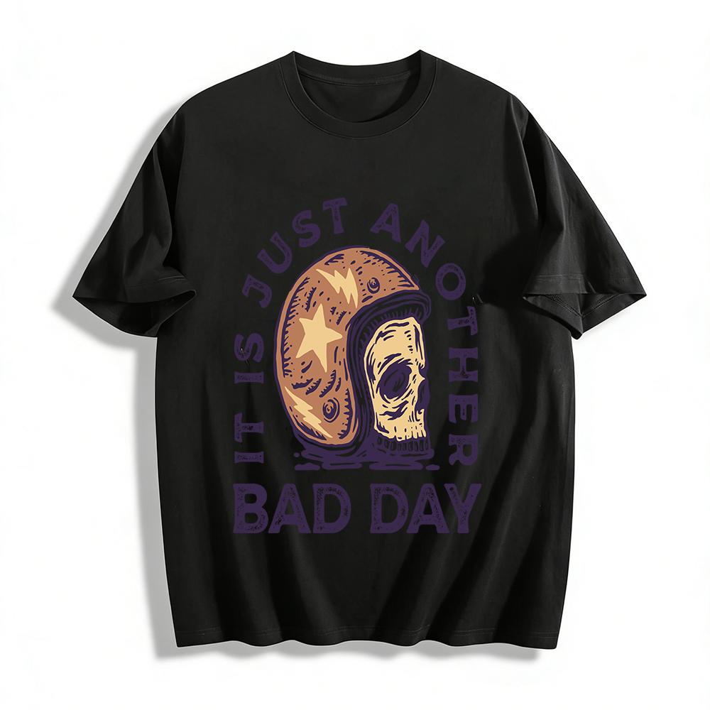 Vintage Biker Skull Print T-Shirt It s Just Another Bad Day Tee Pure cotton T-shirt XXS