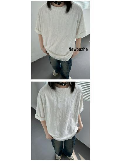 Wasteland-Style Niche Hollow-Out Ripped Men's Heavyweight T-Shirt with Small Neckline