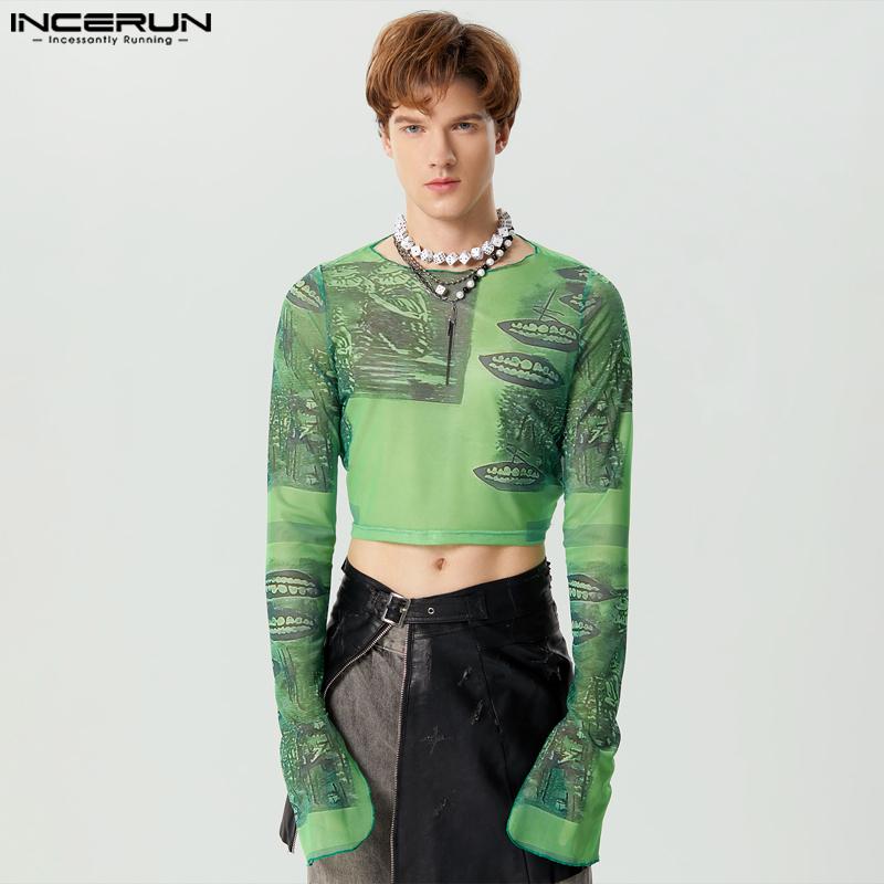 

INCERUN Мужские прозрачные укороченные топы с круглым вырезом и цветочным принтом