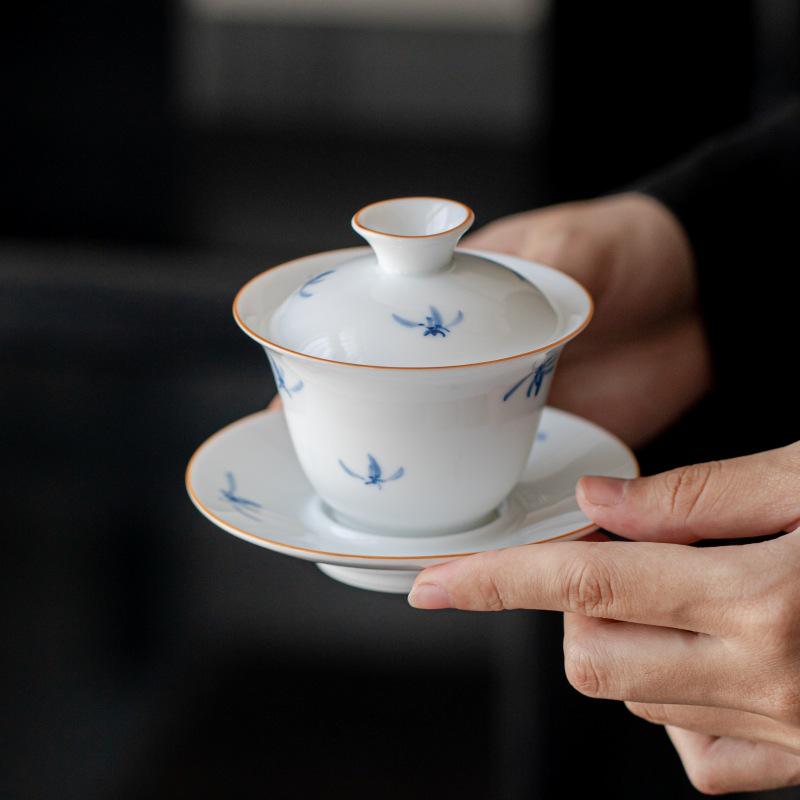 Hand-Painted Jade Clay White Porcelain Gaiwan: Small Orchid Underglaze Kung Fu Tea Set
