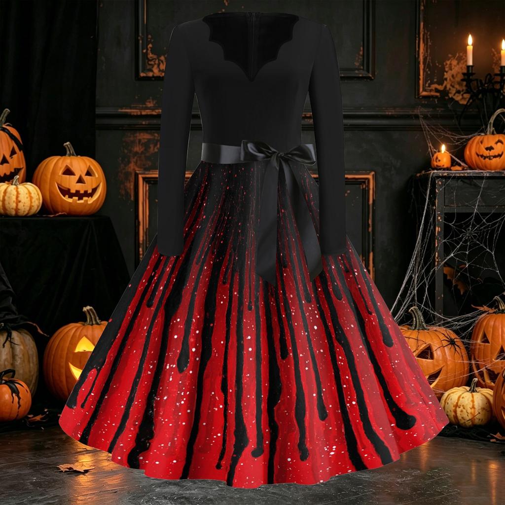 Women's Long Sleeve V Neck Vintage Halloween Dress with Pumpkin Print Retro Casual Midi Dress with Waist Tie for Seasonal Wear