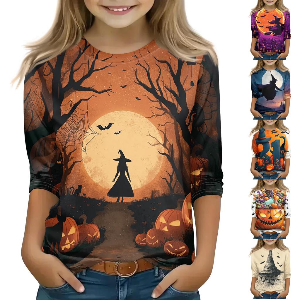 Kids Halloween Printed T-Shirt with Pumpkin Witch Design, 7/8 Sleeve Round Neck Top for Daily Wear