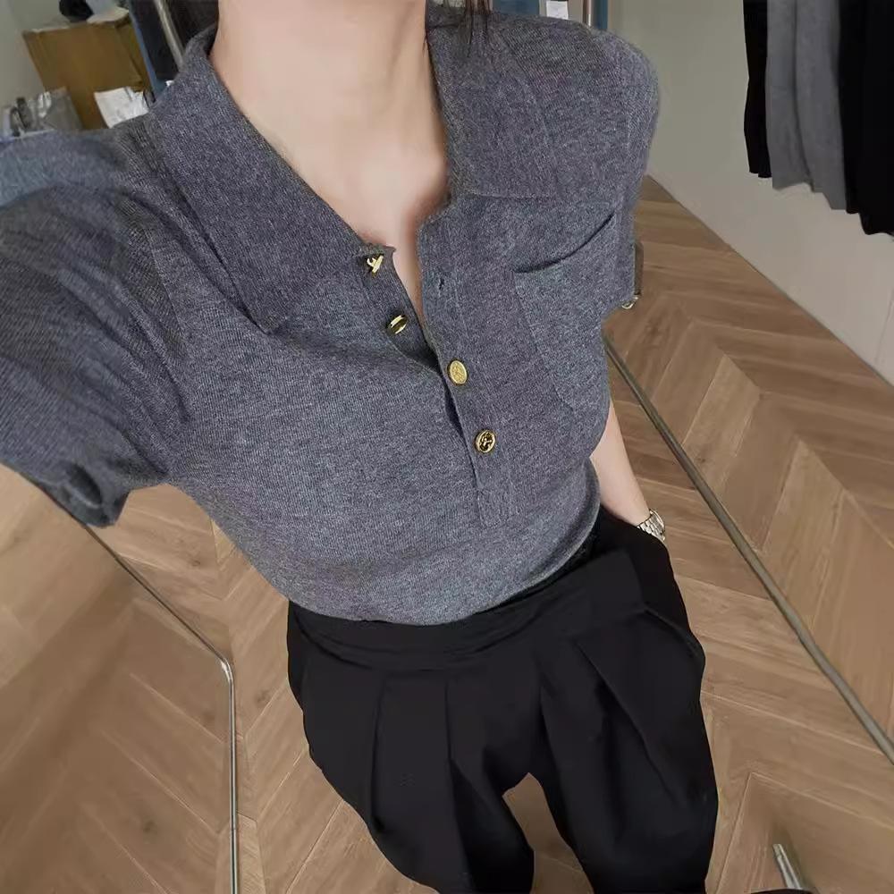 

Воротник поло серый с короткими рукавами свитер для женщин летом футболка с короткими плечами топ L серый