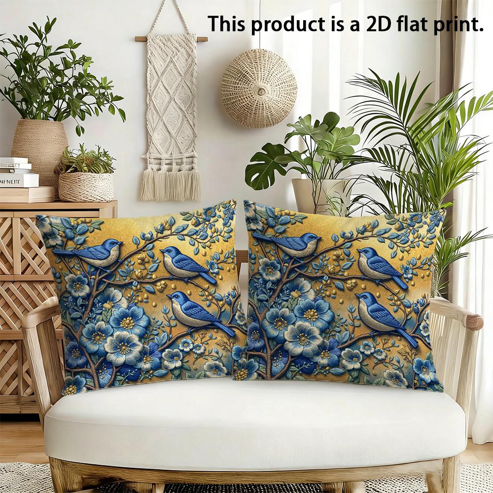 2pcs Vintage Bluebird and Floral Throw Pillow Cover Rustic Yellow Botanical Cushion Case for Home Sofa Bedroom Decor