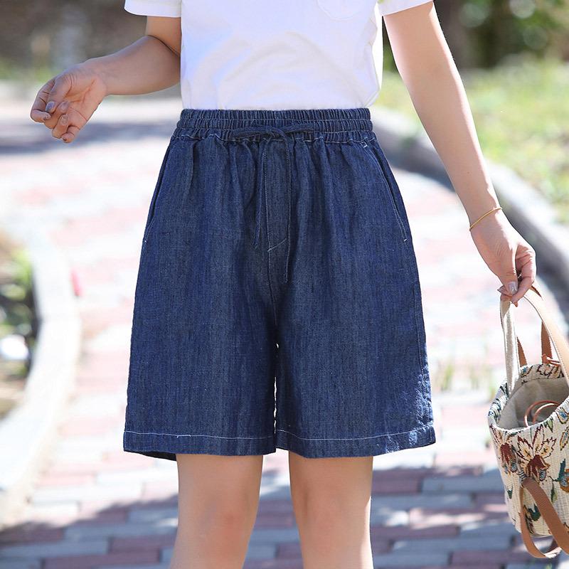 

Women s Tencel Soft Denim 5-Point Shorts, Summer Lightweight, Elastic Waist, Loose Fit, Drapey, Casual Wide Leg Design Large джинсовий синього кольору