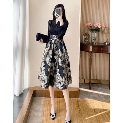 Women's Spring and Autumn Temperament Waisted Dress Elegant and Beautiful Crushed Flower A-Line Skirt