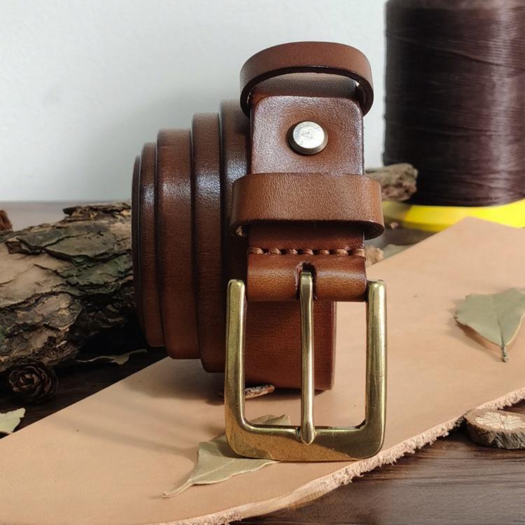 High-End Men Brass Buckle Belt Men's Leather Pin Buckle First Layer Cowhide Fashion All-Match Casual Pants Belt
