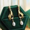 Huitan Novel Design Hand with Imitation Pearl Dangle Earrings for Women Hot Trendy Female Accessory Daily Wear Statement