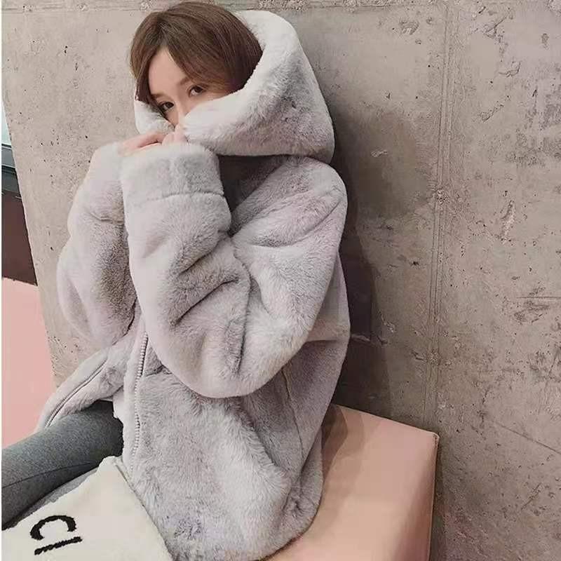 Autumn and Winter New Imitation Lamb Wool Thickened Loose Medium and Long Imitation Fur Coat Women's Plush Hooded Coat