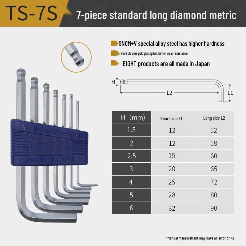 Eight Japan TS-7S Metric Industrial Hex Key Wrench Set Metric Set