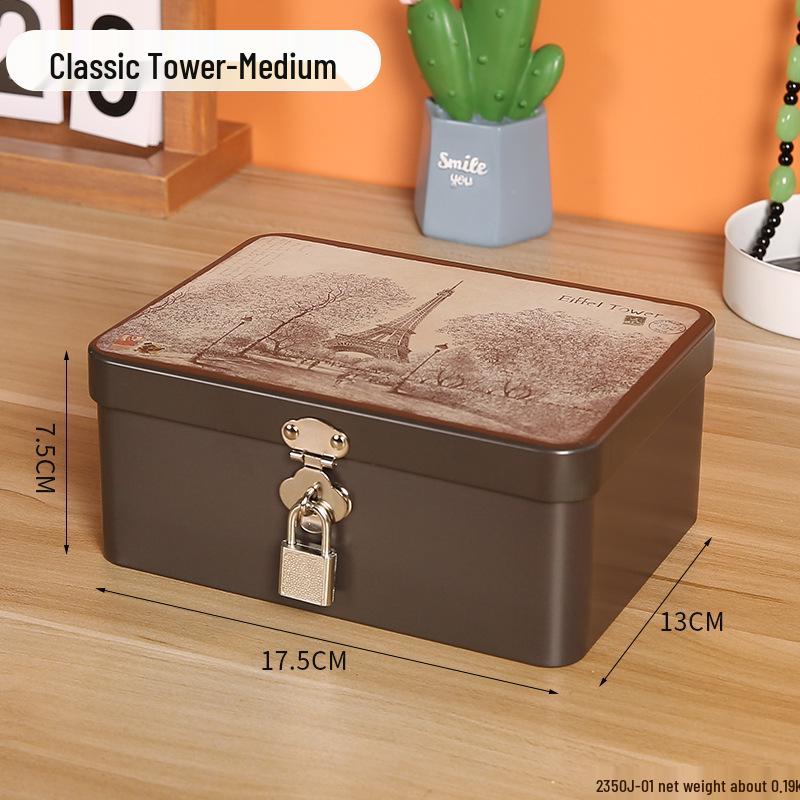 Lockable Retro Tin Box for Cosmetics, Documents, and Jewelry Storage