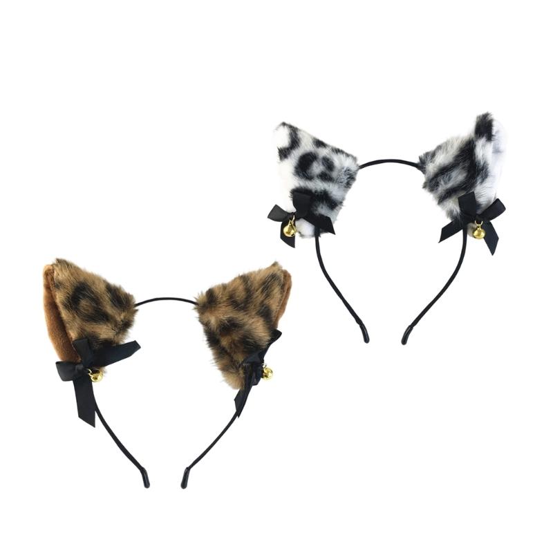 Soft Furry Leopard Print Cats Ear Headband With Attached Bells For Cosplay Halloween And Dance Parties