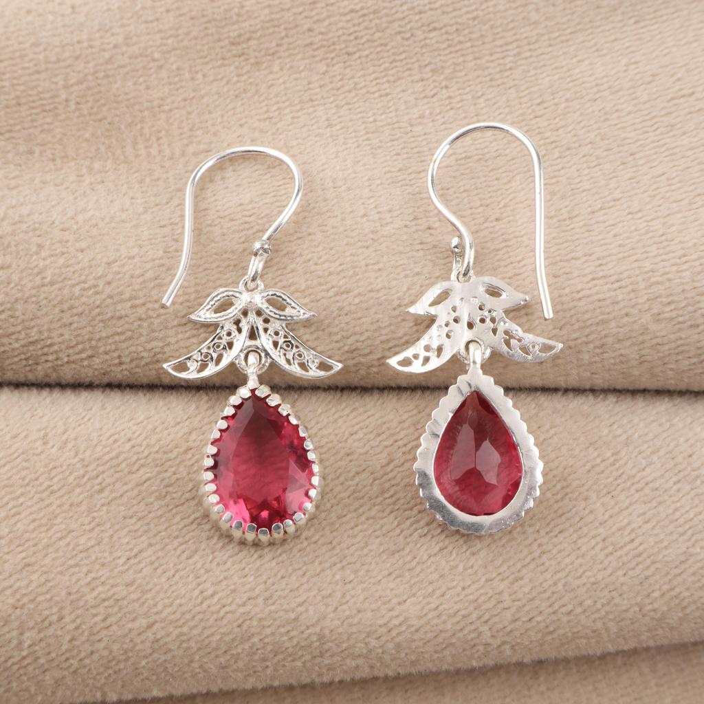 Pink Tourmaline Gemstone 925 Sterling Silver Dangle Earrings For Women 1.84" CE-27-2