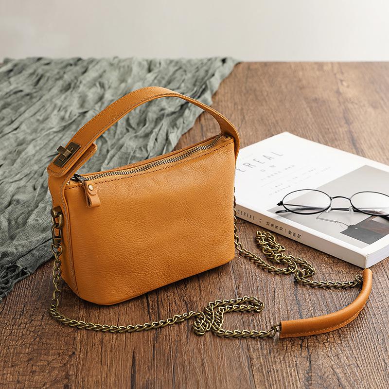 Johnature Versatile Simple Genuine Leather Women Chain Bag Natural Soft Cowhide Solid Color Shoulder & Crossbody Bags