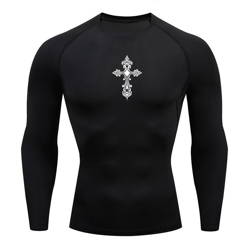 Cross Print Compression Shirts for Men Athletic Quick Dry Tshirt Tees Tops Gym Workout Running Rash Guard Baselayers Undershirts
