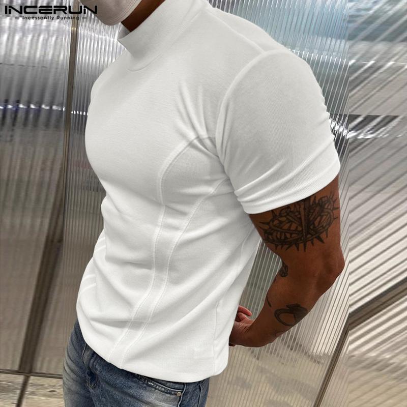 INCERUN Men Mockneck Short Sleeve Solid Color Casual Fittd T-shirts Tops