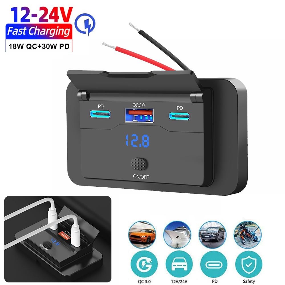 12V 18W QC 30W PD USB C Car Fast Charger Socket QC3.0 and PD Port Phone Car Adapter Waterproof Quicker Charger Power Outlet