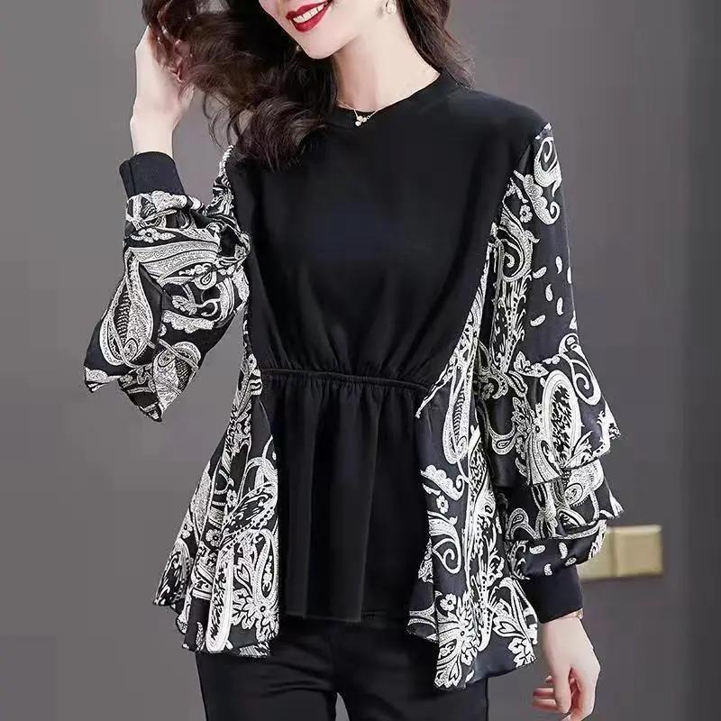 Autumn Long-sleeved Women's Tops Round Neck Printed Fashionable Middle-aged Plus Size Bottoming Shirts for Women