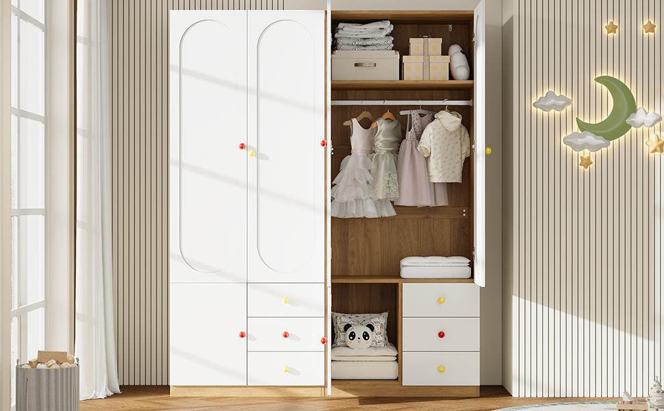 2-Door Wardrobe with Drawers, Bedroom Cabinet, Children's Room Furniture, with Clothes Rail, Colorful Ceramic Handles, White, Lacquer Finish, Set of 2