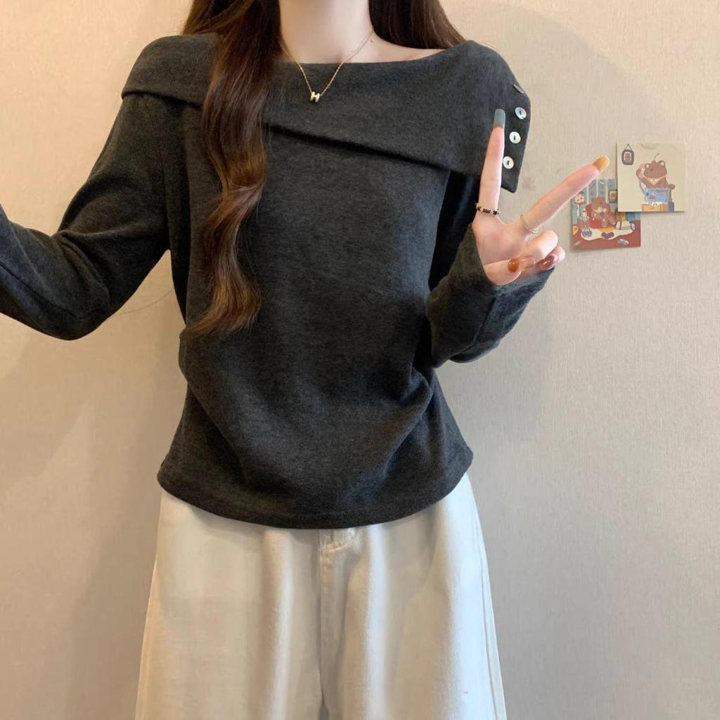 Thick Velvet One-Shoulder T-Shirt: Women’s Long Sleeve Winter Base Layer